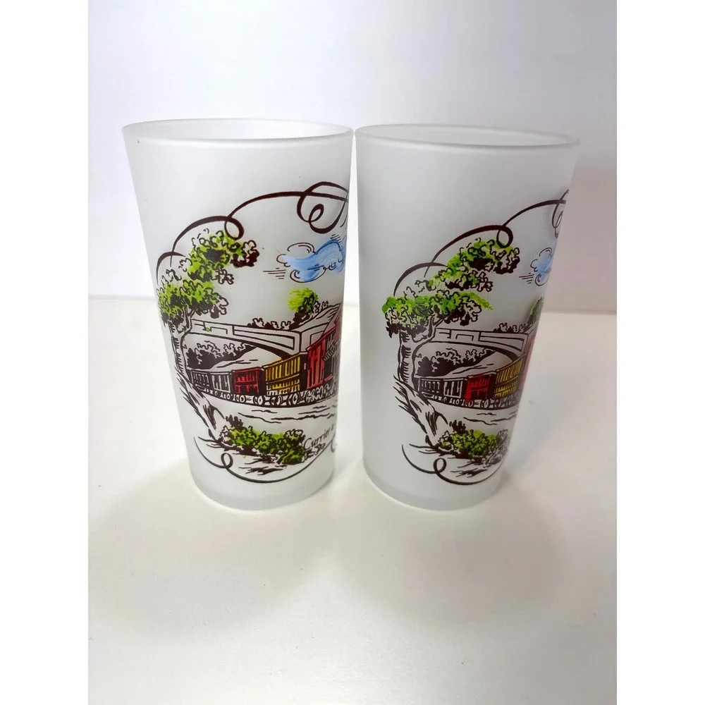Vintage Currier & Ives Frosted Drinking Glass Railroad Scene 12oz Set of 2 1960s